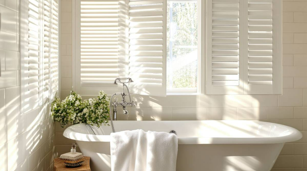 Sunlit bathroom with white shutters, a freestanding tub, and a towel draped over the side