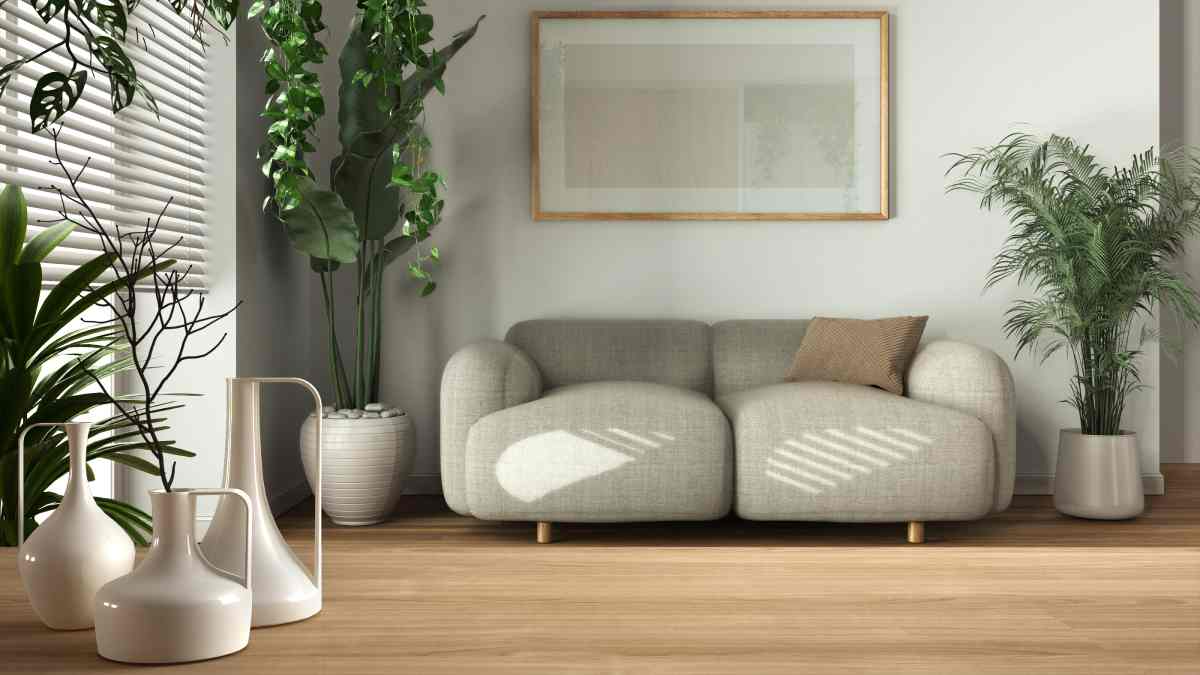 Minimalist living room with cream sofa, framed wall art, potted plants, and wooden floor.