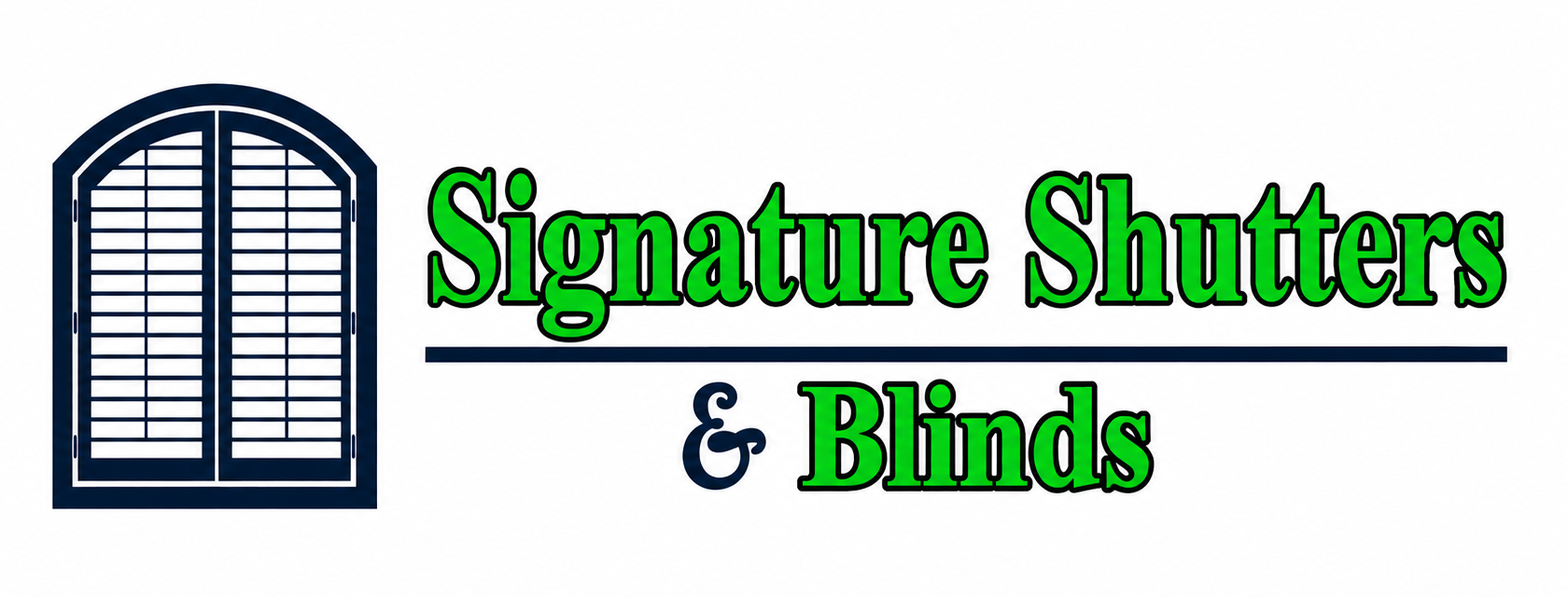 Logo for Signature Shutters & Blinds with blue window icon and green text on white background