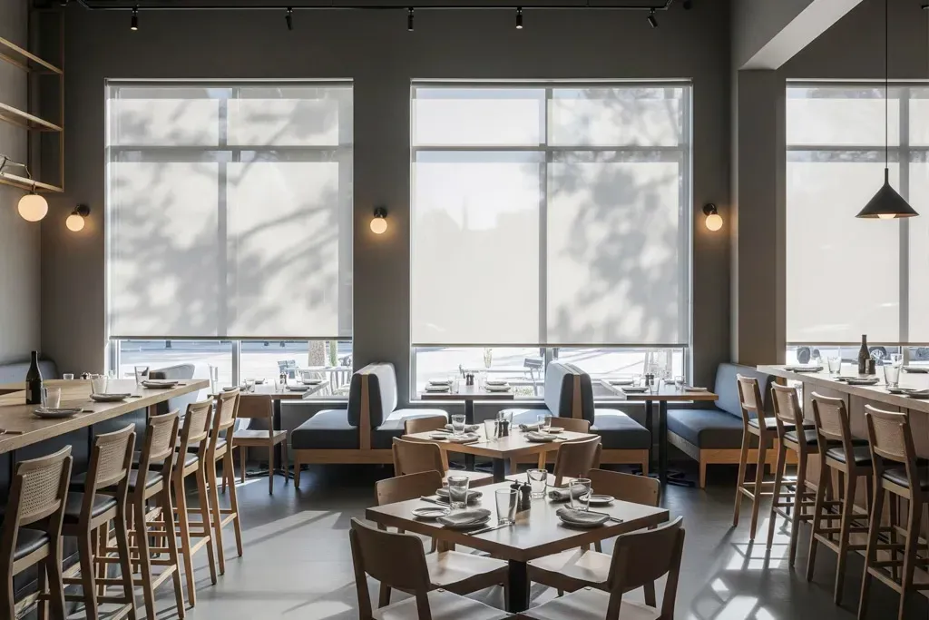 Modern restaurant dining room with large windows, wooden tables, and soft pendant lighting