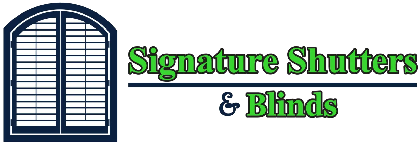 Logo for Signature Shutters & Blinds with blue arched window icon and green text
