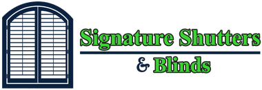 Logo for Signature Shutters & Blinds with blue arched window icon and green text
