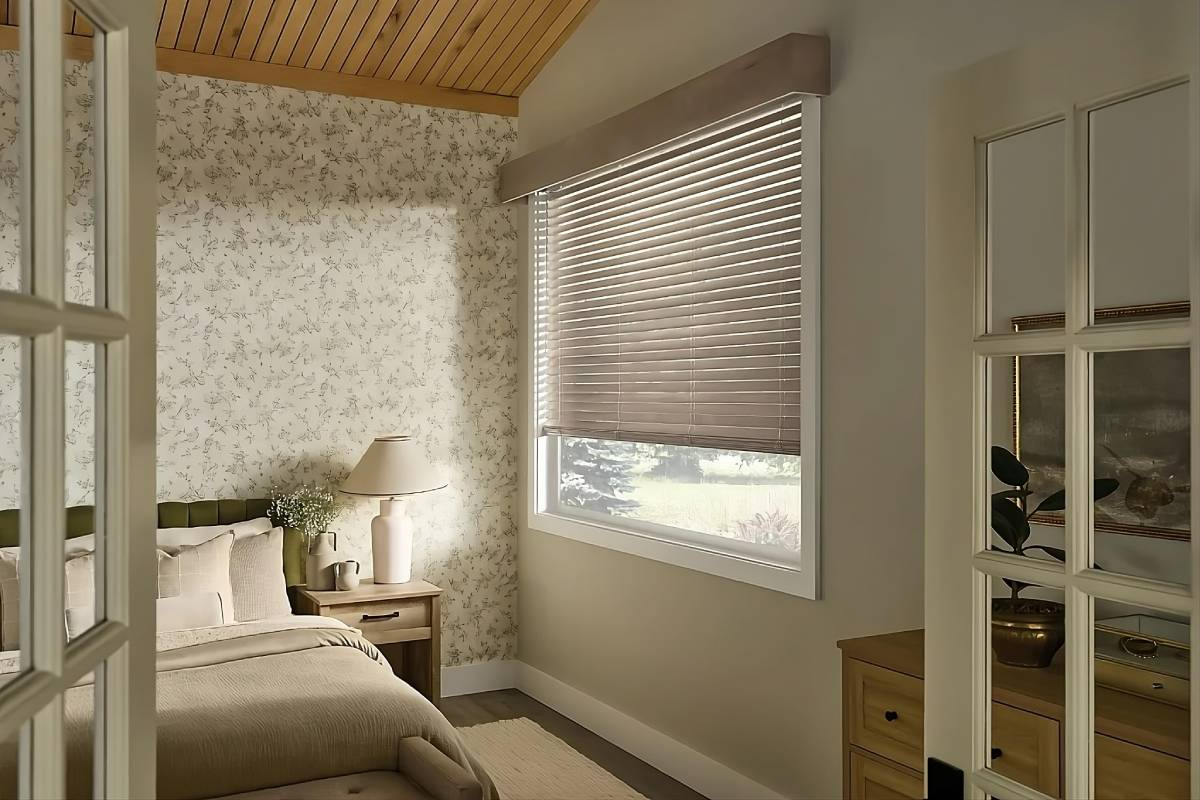 Cozy bedroom with floral wallpaper, white bed, wooden ceiling, and window blinds letting in daylight