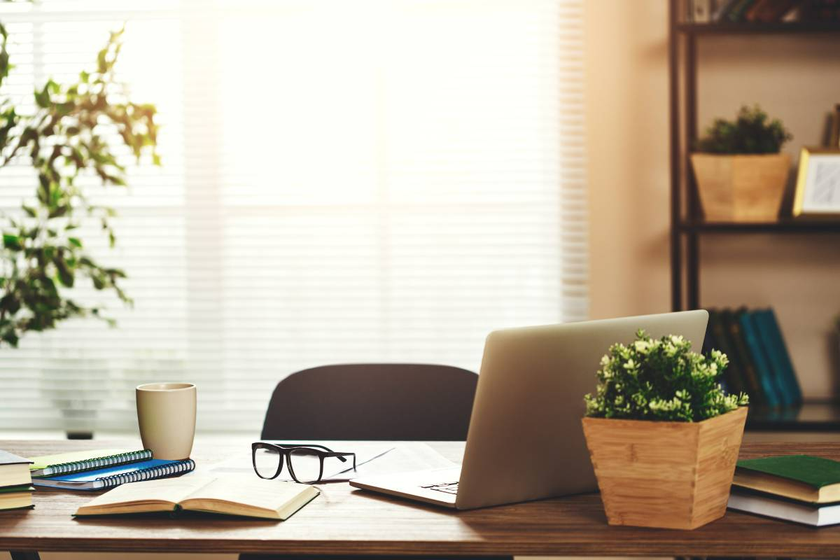 Sunlit desk with laptop, notebook, glasses, coffee mug, and small potted plant in a home office