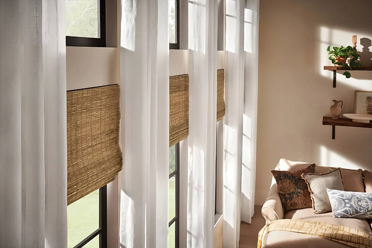 Bright living room with sheer curtains, woven shades, and a sunlit sofa by a window.
