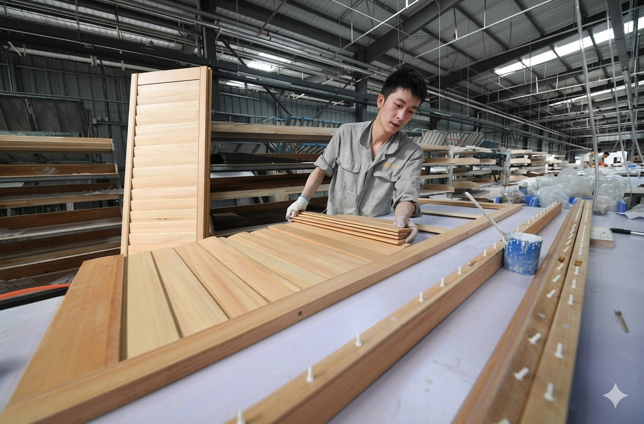 Worker assembling wooden crates in a factory workshop