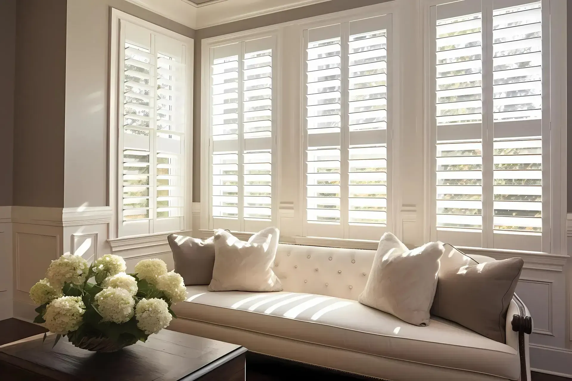 Bright living room window seat with white cushions, shutters, and a vase of white flowers
