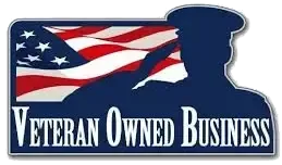 Veteran Owned Business logo with American flag background and a military silhouette