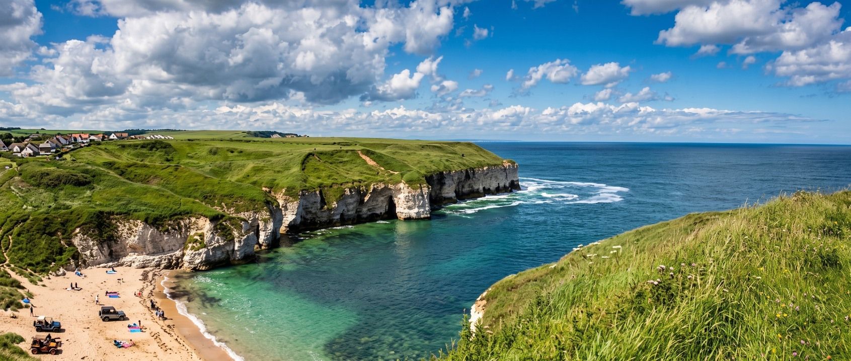 Coastal beach cove with turquoise water, green cliffs, and a partly cloudy blue sky