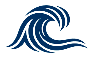 Blue stylized ocean wave logo on a white background