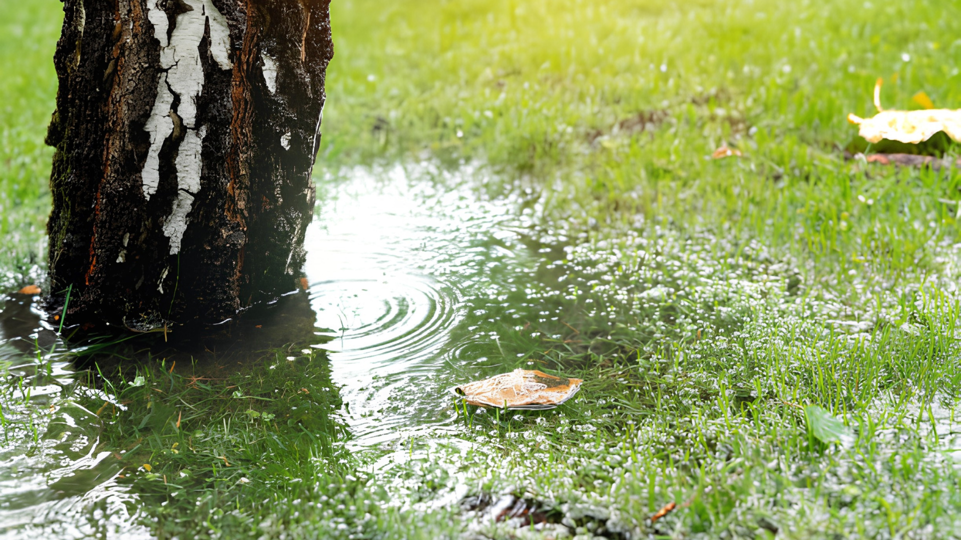 Tree trunk in a grassy yard with water pooling and ripples after rainfall.