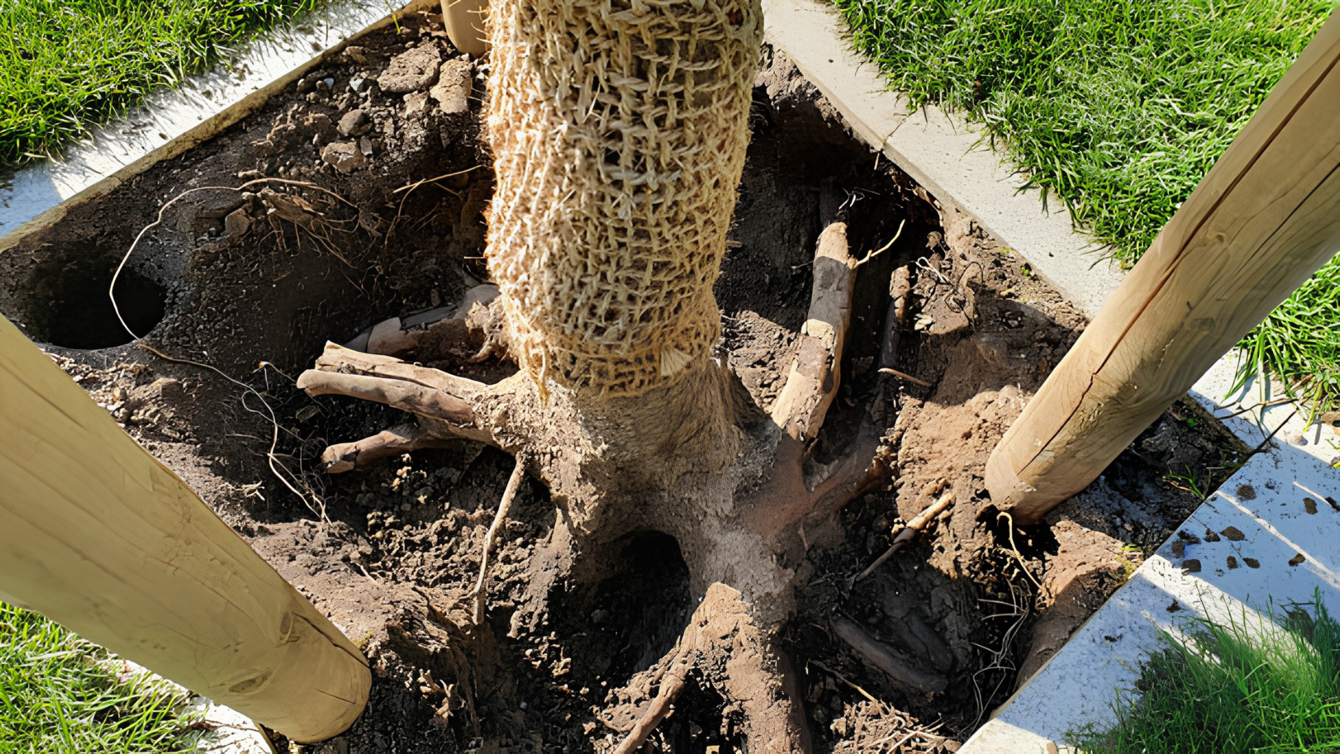 Close-up of a tree trunk in a square wooden planter with soil and grass around it