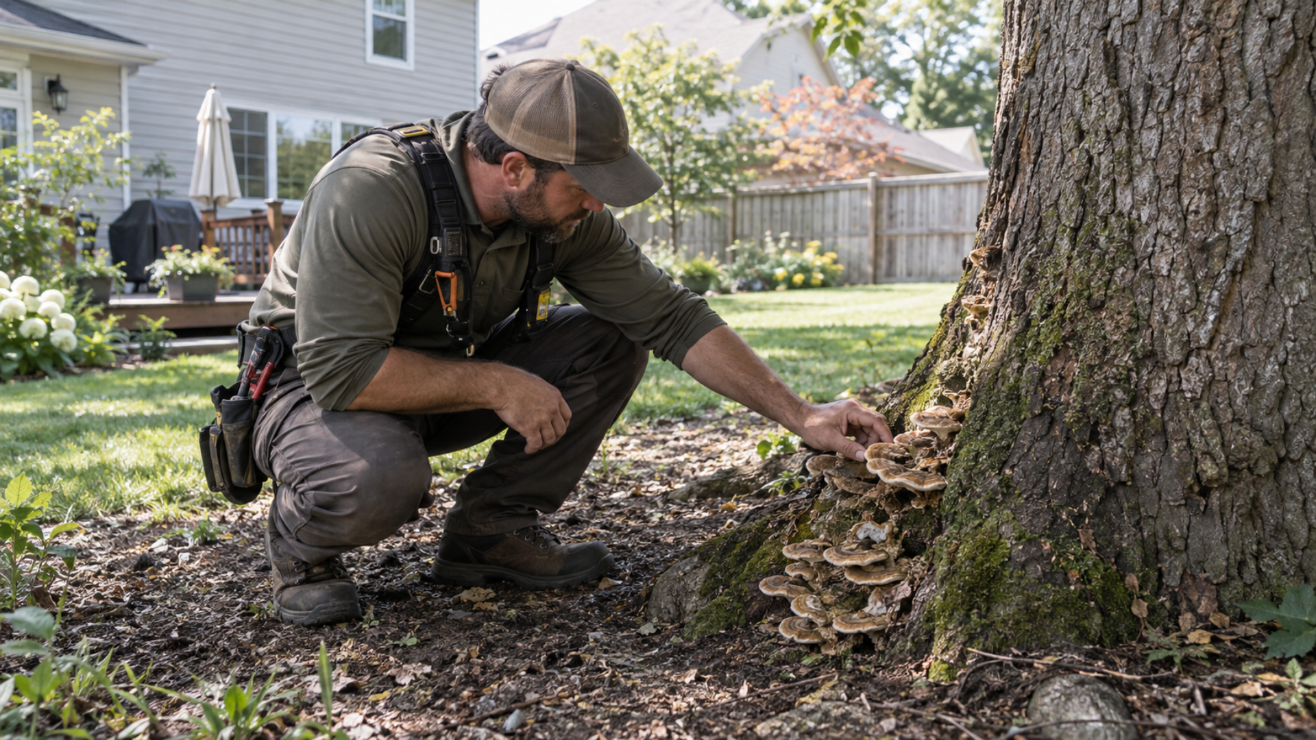 professional tree inspector, inspecting a fungus growth on a tree root base in the backyard