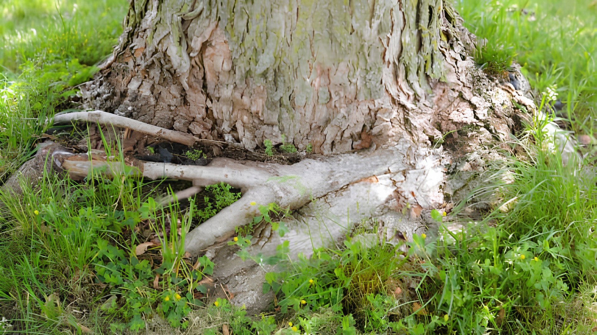 Tree trunk with exposed roots spreading into green grass