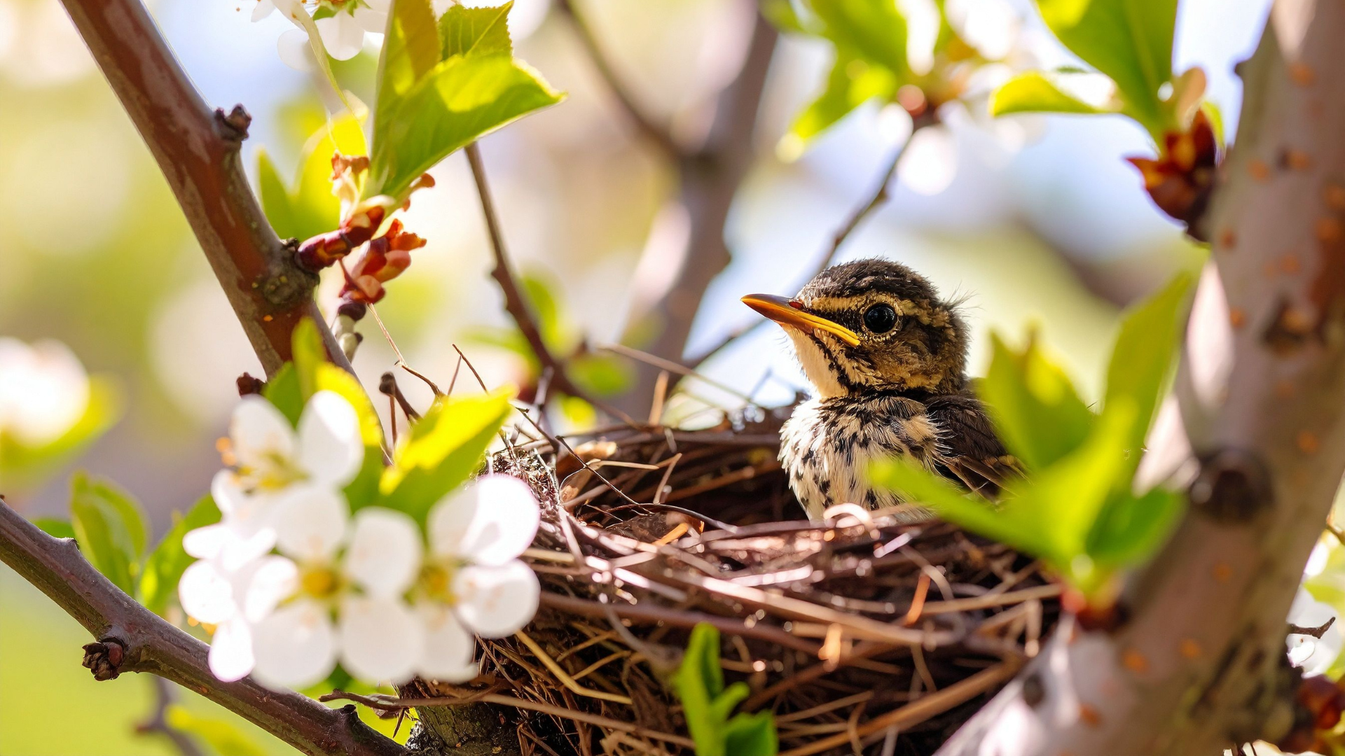 Two small birds in a twig nest among white blossoms and green leaves on a tree branch.