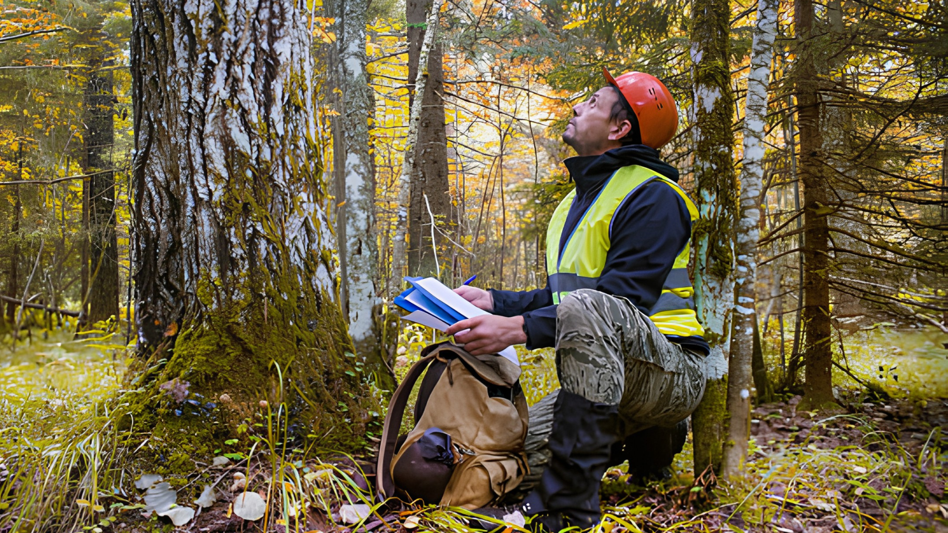 Person in red helmet kneels in forest, studying a blue map beside a tree and backpack.
