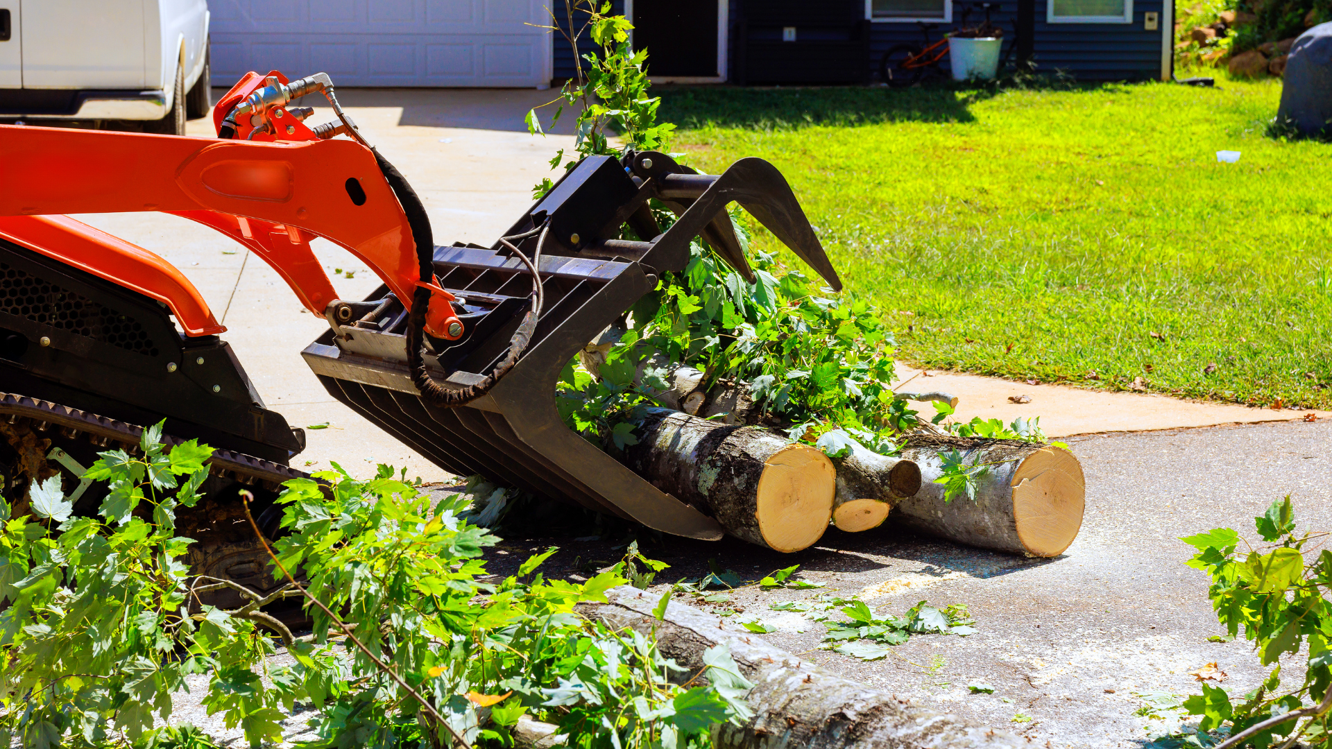 Orange skid-steer loader lifting cut tree branches onto a roadside pile of logs and debris