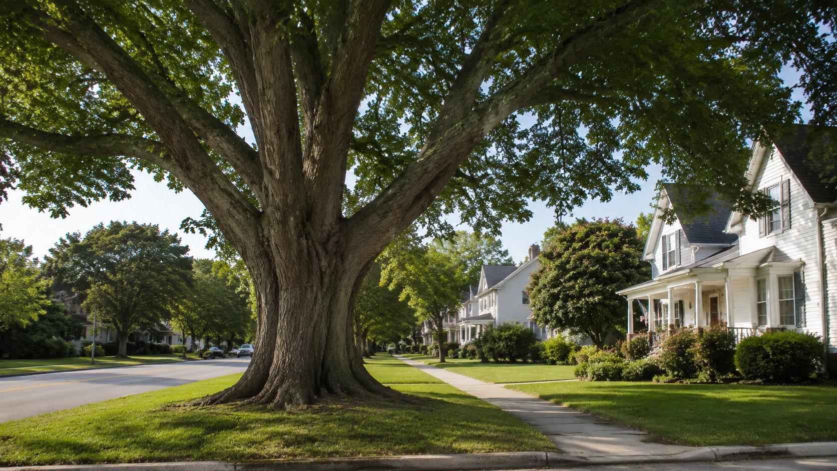 Large tree shading a quiet suburban street with white houses and a sidewalk on a sunny day