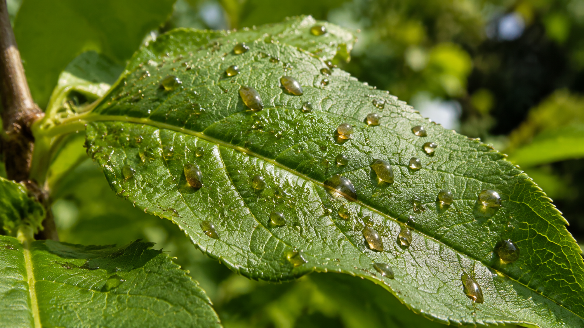 Close-up of a green leaf covered with small brown insects in sunlight