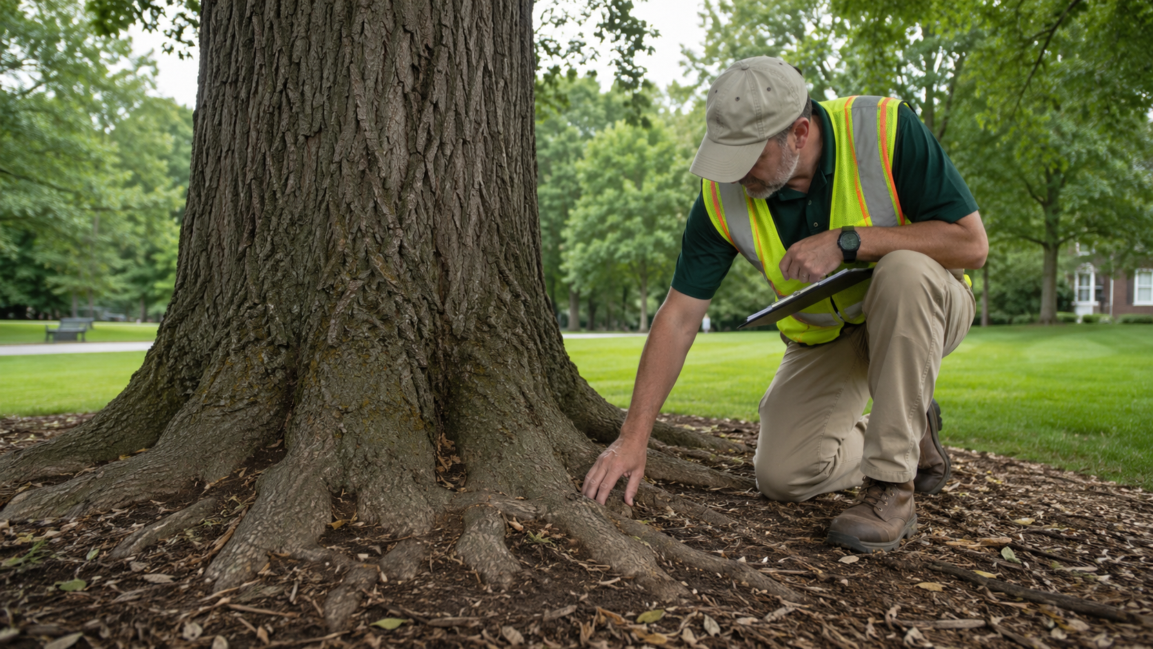Worker in safety vest kneeling by a tree, inspecting roots in a grassy park.