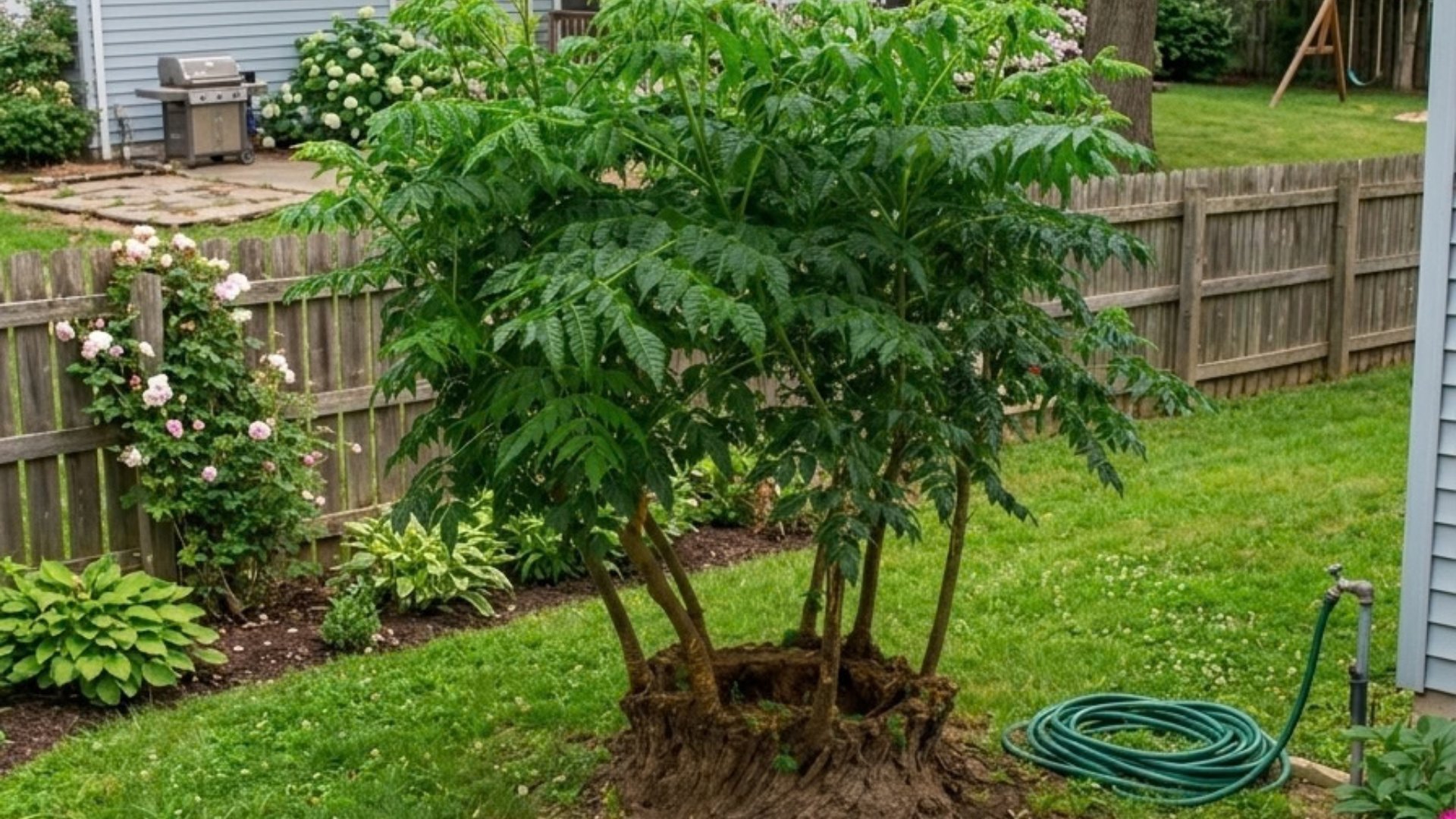 Lush green shrub in a backyard beside a wooden fence, with a coiled garden hose on the grass.