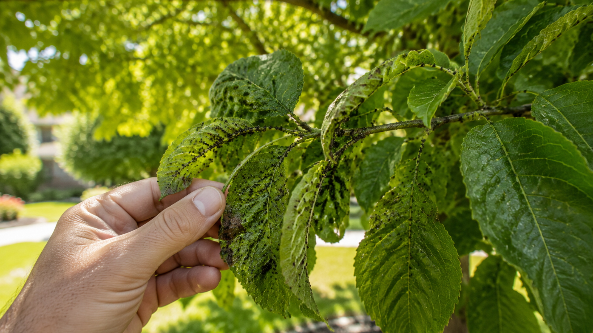Hand inspecting spotted green leaves on a tree branch in bright sunlight