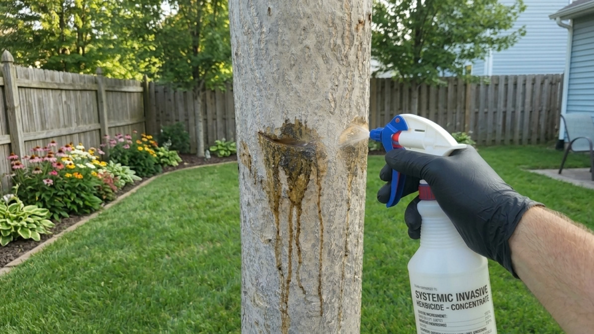 professional tree removal specialist spraying herbicide on a tree of heaven in a backyard garden