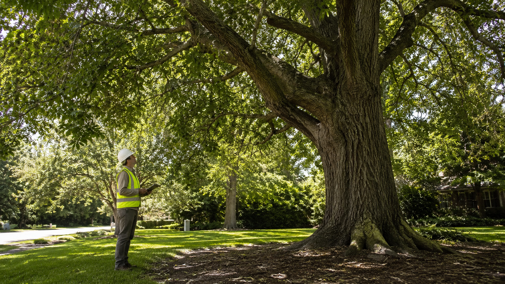 Worker in a safety vest standing under a large tree in a sunny park.