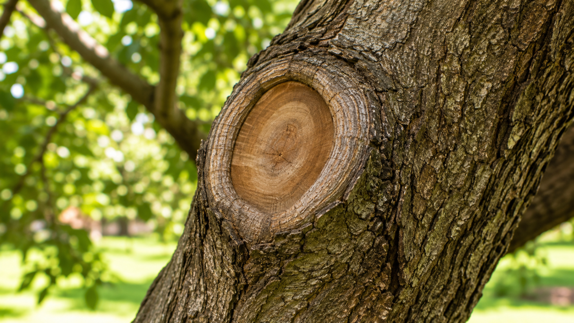 Close-up of a tree trunk with a freshly cut branch stub in a sunlit park