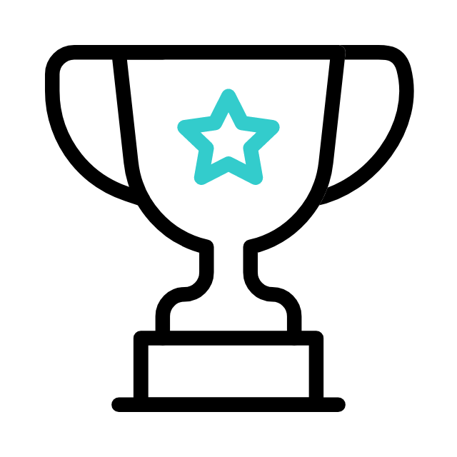Trophy with teal star in center, black outline.