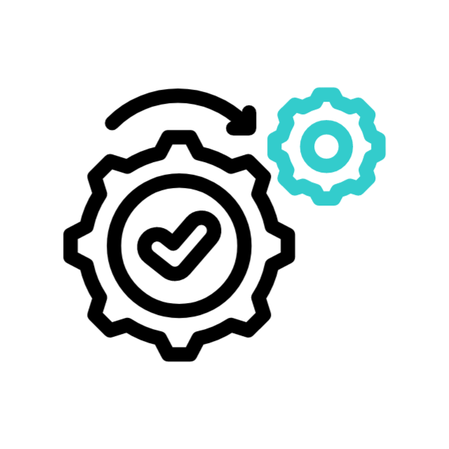 Gear with checkmark, rotation arrow, and secondary gear in teal.