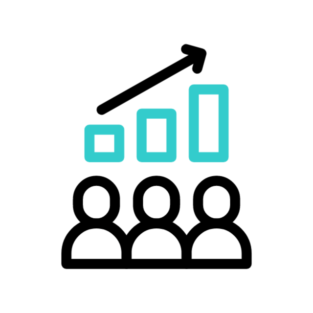 People with upward-trending bar graph and arrow, illustrating growth.