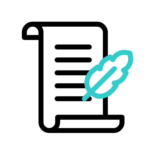 Scroll of paper with black lines and blue feather.