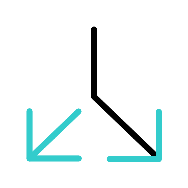 Three arrows converging: one black upward, two teal downward and left/right.