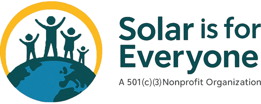 Logo reading “Solar is for Everyone” with three people over a globe and a sun icon.