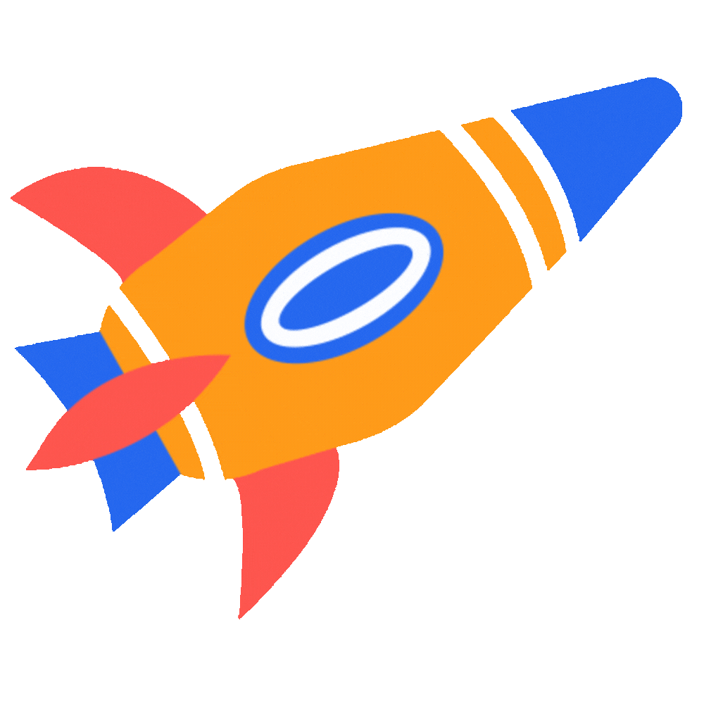 Stylized orange rocket with blue nose cone and red fins, angled upward on a white background