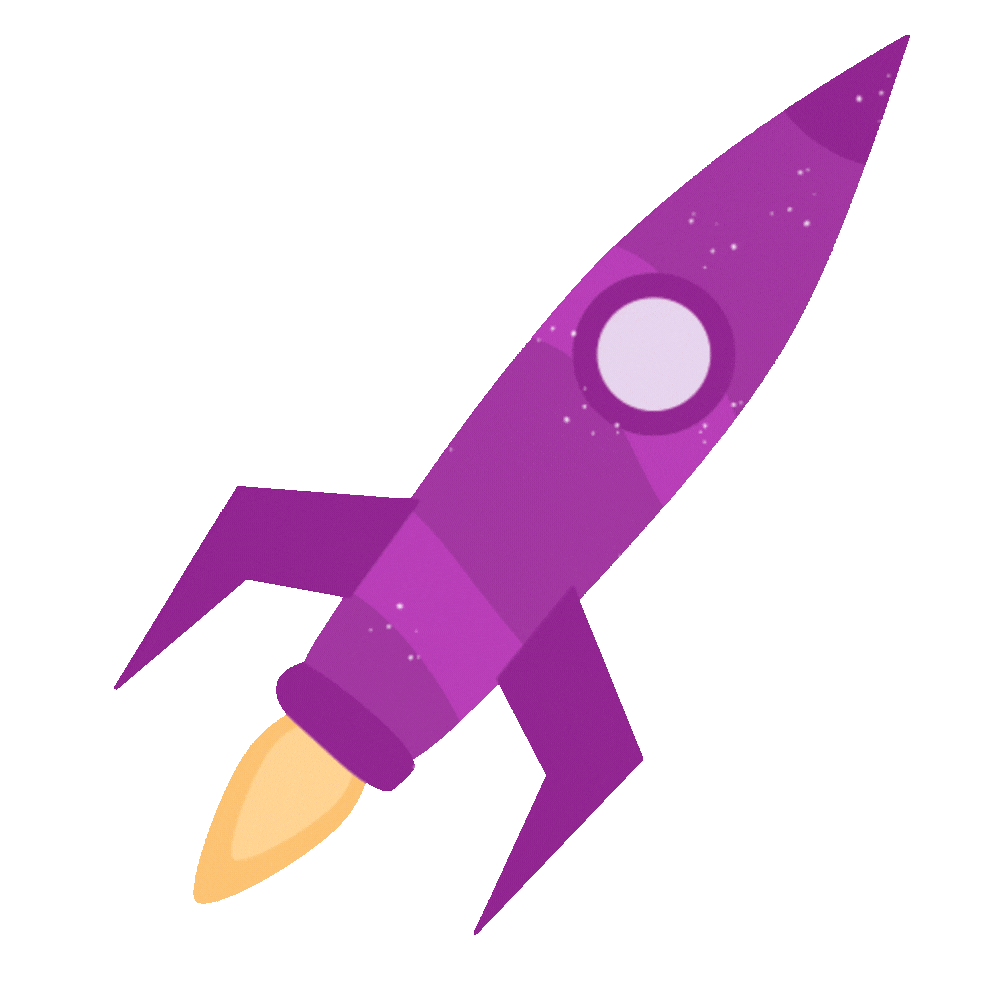 Purple rocket icon with a yellow flame, angled upward on a white background