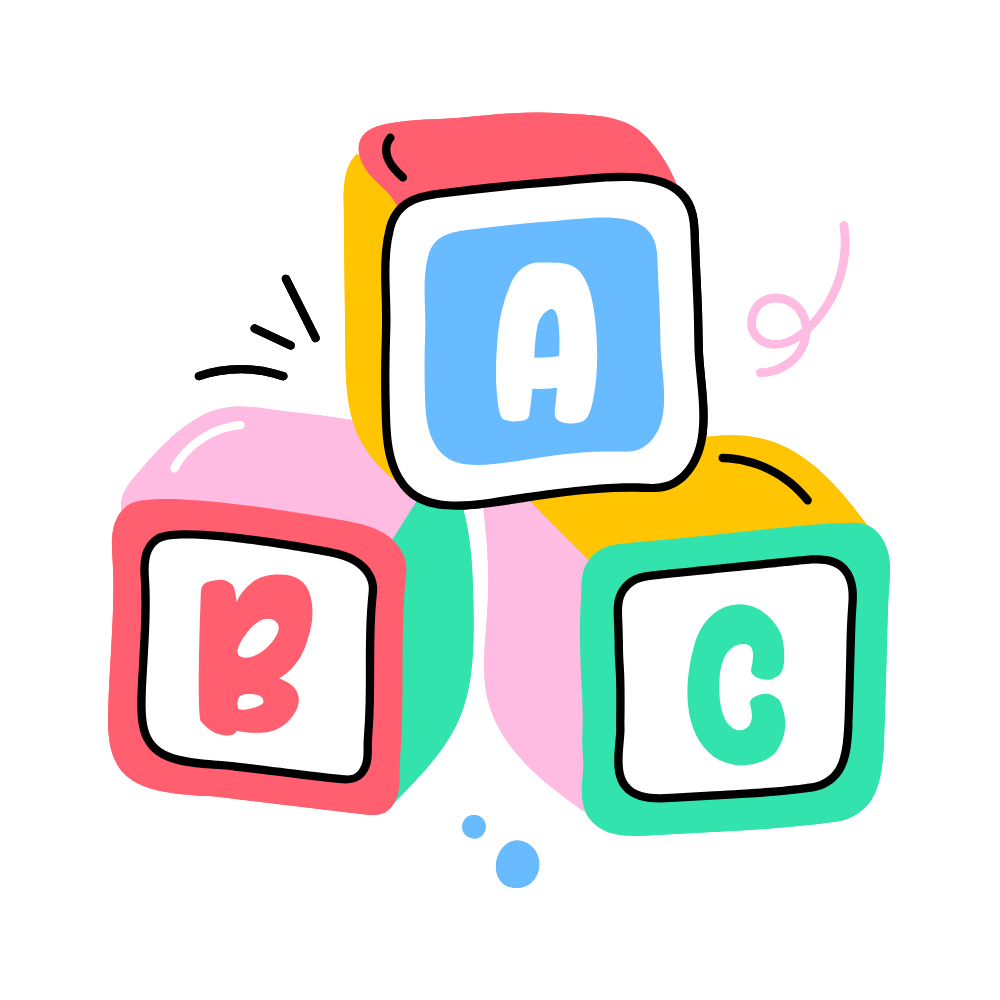 Colorful stacked alphabet blocks labeled A, B, and C with pastel doodles
