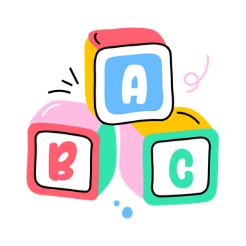 Colorful stacked alphabet blocks labeled A, B, and C with pastel doodles