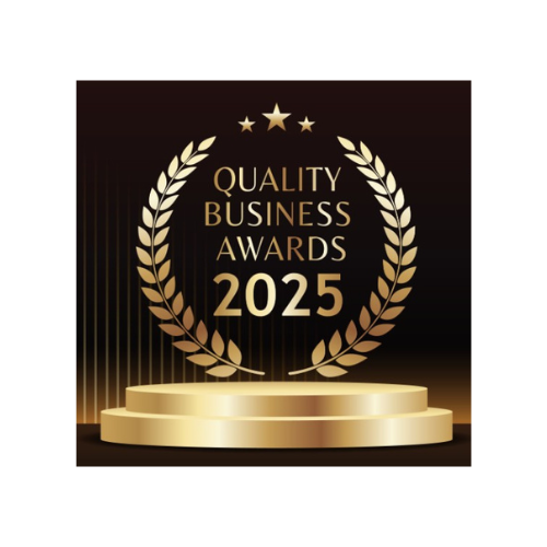 Quality Business Awards 2025 gold emblem on a dark background with laurel wreath and stars