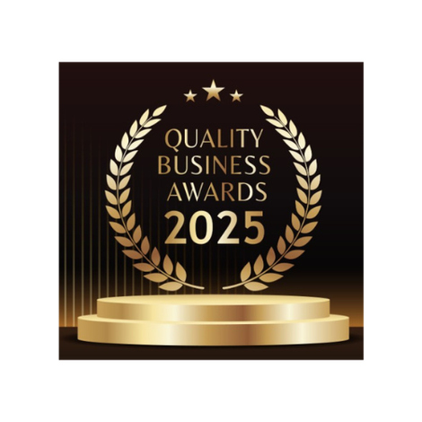 Quality Business Awards 2025 logo with gold laurel wreath and podium on dark background