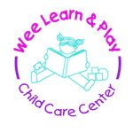Wee Learn & Play Child Care Center logo with a turquoise child reading and purple circular text