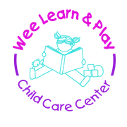 Wee Learn & Play Child Care Center logo with a turquoise child reading and purple circular text