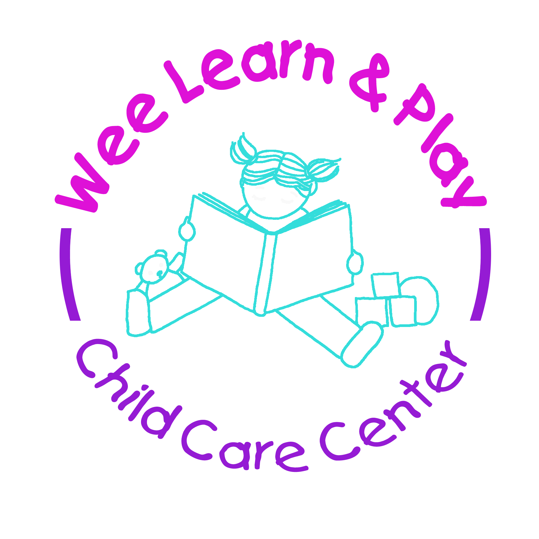 Wee Learn & Play Child Care Center logo with a turquoise child reading and purple circular text