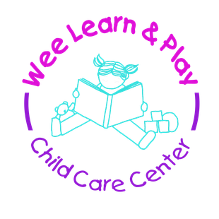 Wee Learn & Play Child Care Center logo with a turquoise child reading and purple circular text