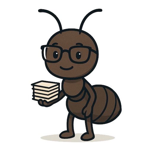 Een cartoonmier met een bril op en een stapel boeken in zijn handen.