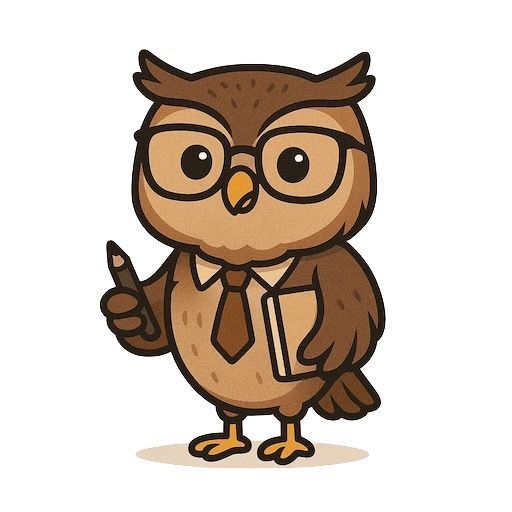 Cartoonuil met bril, die een potlood en een boek vasthoudt, staand op een witte achtergrond.