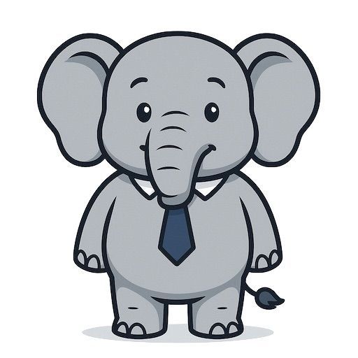 Grijze cartoonolifant met een blauwe stropdas, staand en recht vooruit kijkend met een neutrale uitdrukking.