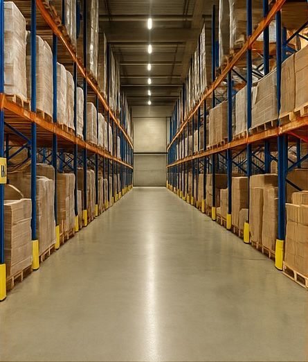 Het interieur van een pakhuis met rijen opslagrekken gevuld met dozen en pallets.