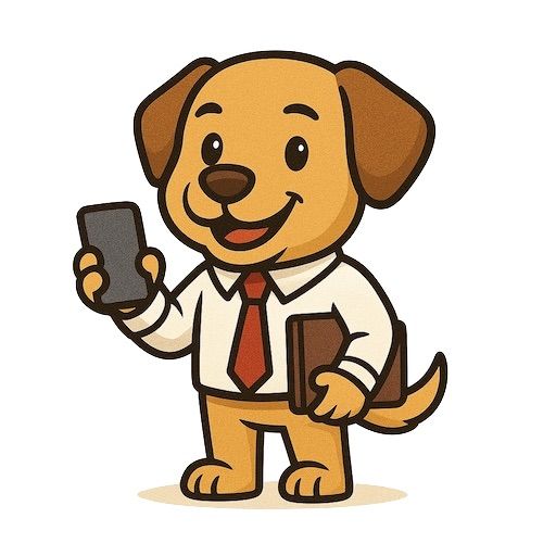 Een cartoonhond met een smartphone en een boek in zijn handen, lachend en met een stropdas om.